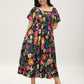 ⏰Zomeruitverkoop 70% KORTING 💃Gebloemde midi-jurk met gesmockte vierkante hals en zakken