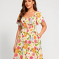 ⏰Zomeruitverkoop 70% KORTING 💃Gebloemde midi-jurk met gesmockte vierkante hals en zakken