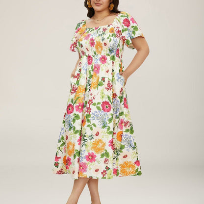 ⏰Zomeruitverkoop 70% KORTING 💃Gebloemde midi-jurk met gesmockte vierkante hals en zakken