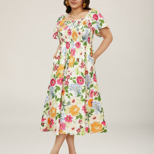 ⏰Zomeruitverkoop 70% KORTING 💃Gebloemde midi-jurk met gesmockte vierkante hals en zakken