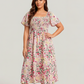 ⏰Zomeruitverkoop 70% KORTING 💃Gebloemde midi-jurk met gesmockte vierkante hals en zakken