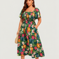 ⏰Zomeruitverkoop 70% KORTING 💃Gebloemde midi-jurk met gesmockte vierkante hals en zakken