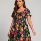 ⏰Zomeruitverkoop 70% KORTING 💃Gebloemde midi-jurk met gesmockte vierkante hals en zakken