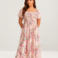 ⏰Zomeruitverkoop 70% KORTING 💃Gebloemde midi-jurk met gesmockte vierkante hals en zakken
