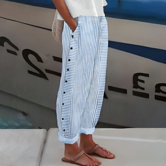 ☀️Beperkte voorraad | Franse designer gestreepte broek 👖💙 – zijzakken, licht & comfortabel, voor een moeiteloze elegantie! ✨🌸