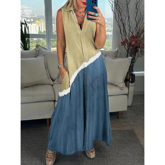 Mouwloze tie-dye damesjurk met revers en V-hals