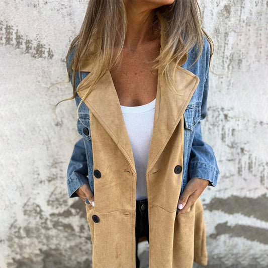 🎁🎉Nieuw 49% korting 💖 Denim Shorts Patchwork Mid-Length Trench Coat🥰