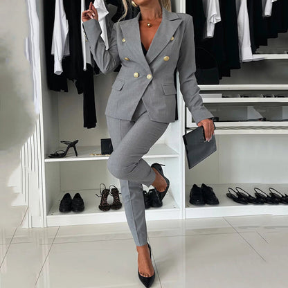 🥳Elegante blazer met lange mouwen en aansluitende broek voor dames met twee rijen knopen💃