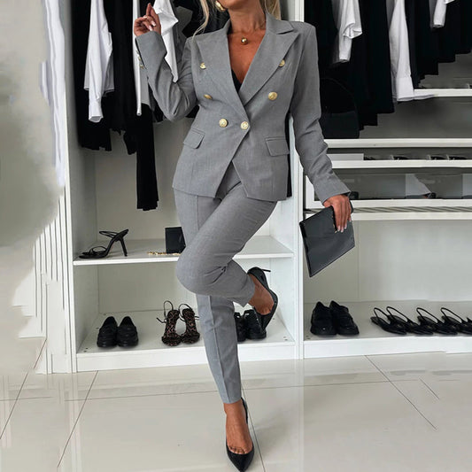 🥳Elegante blazer met lange mouwen en aansluitende broek voor dames met twee rijen knopen💃