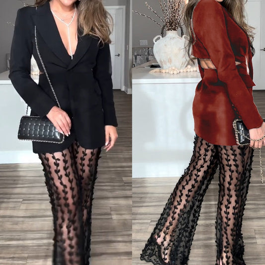 🤩Tweedelige blazer en tule mesh broek voor dames