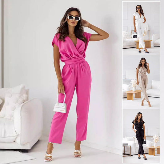 💞Effen jumpsuit met V-hals en korte mouwen