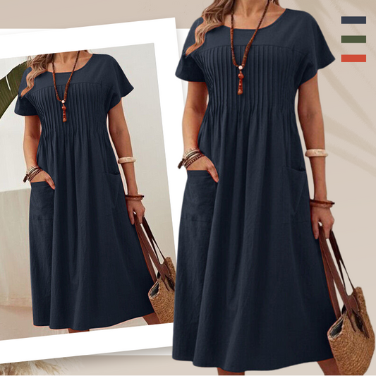👗Dames geplooide jurk met korte mouwen en zakken💃