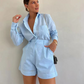 Women's Elegant Long Sleeve Shirt & Shorts Two-Piece Set
