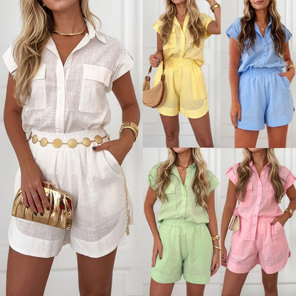 Women's Casual Loose Short Sleeve Shirt & Shorts 2-Piece Set