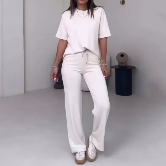 Effen Damesbovenstuk met Korte Mouwen ＆ Broek Tweedelige Set