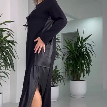 Dames casual losse leren patchwork jurk met zakken