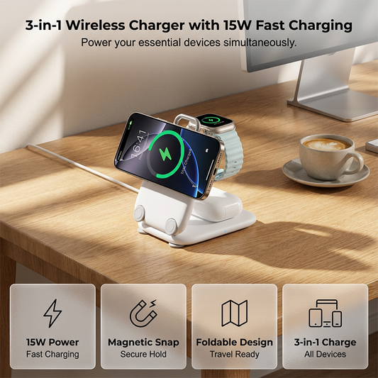 🍃 Lente Clearance – 50% Korting! 🛒 📱3-in-1 Opvouwbaar Draadloos Oplaadstation | 15W Magnetische Snellader voor Telefoon, Watch & Oordopjes